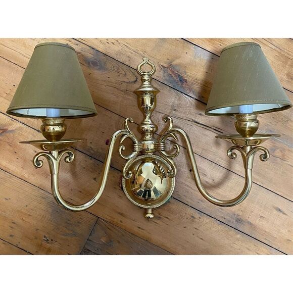 Vintage Brass Wall Light Fixture Sconce Dutch Double  Light with Shade and pair - Picture 7 of 12